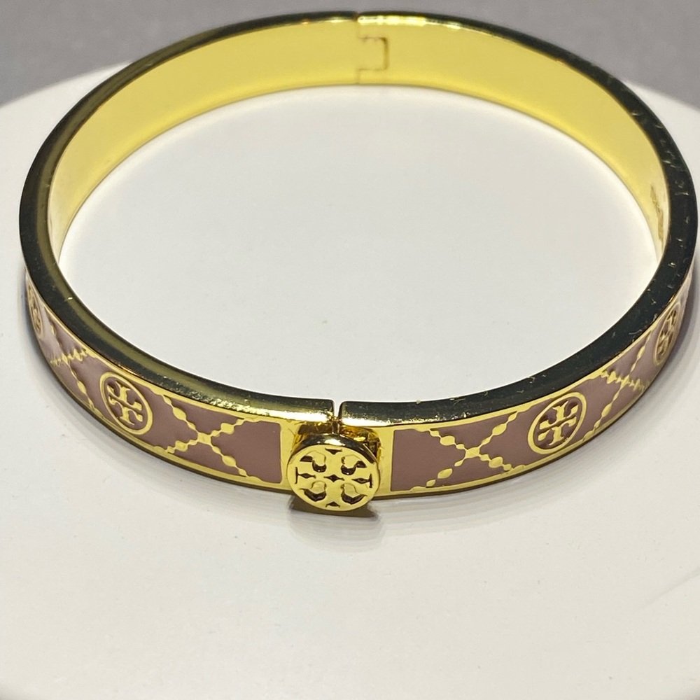 Gold and Baby Pink  Enamel Bangle Bracelet - Picture 3 of 7